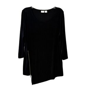 Chico's Travelers Size 2 / Large Black Asymmetrical Zipper 3/4 Sleeve Tunic Top
